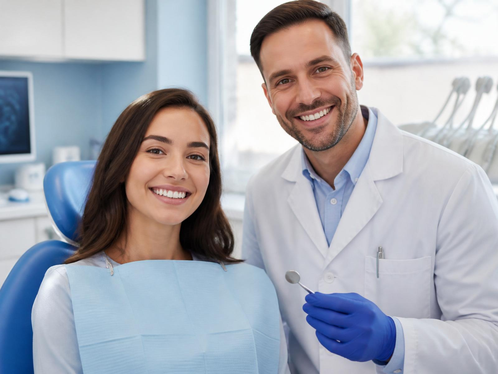 Pacientă zâmbind alături de medic stomatolog într-o clinică de implant dentar din București